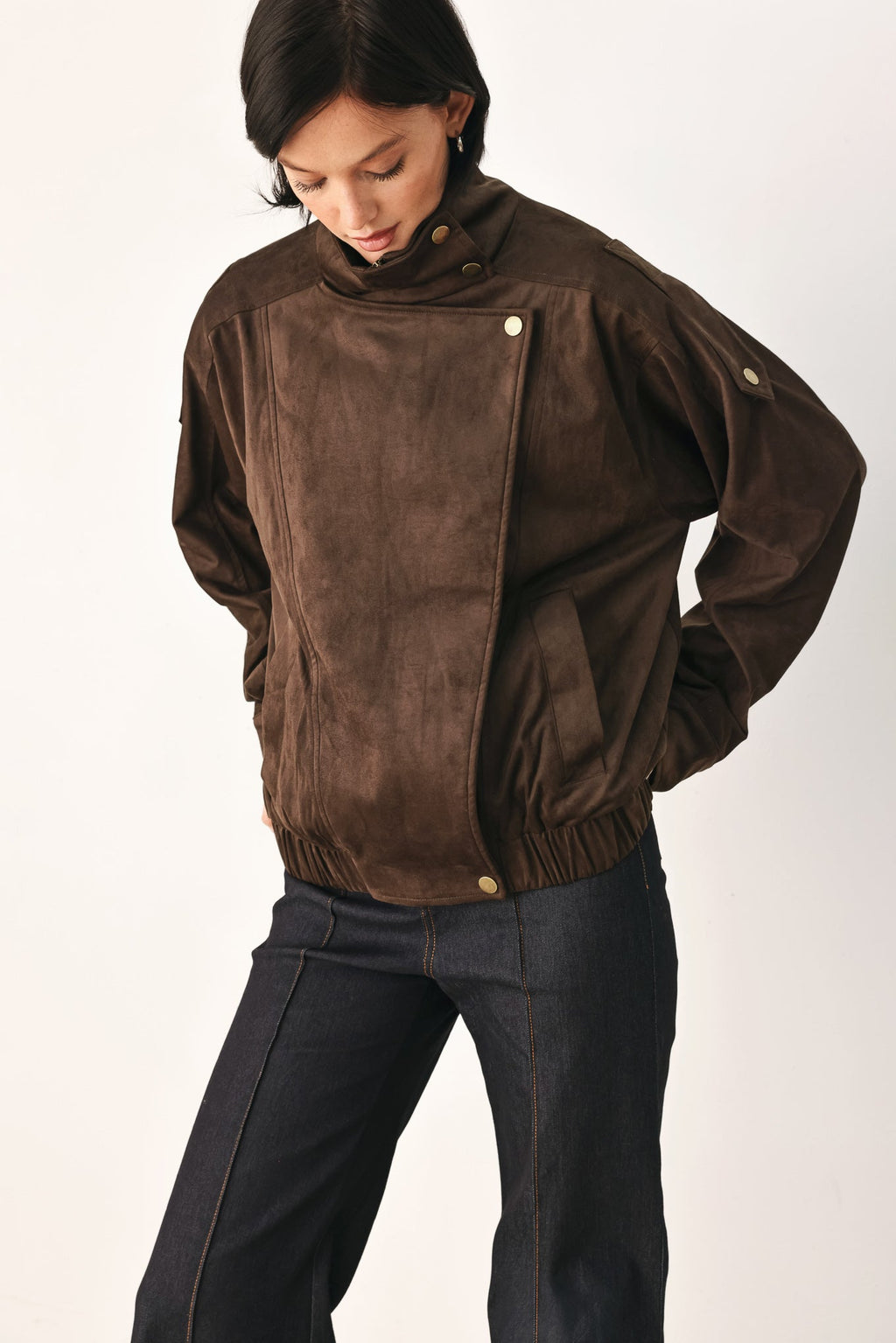 Faux Leather Wrap Front Bomber Jacket in dark brown, alternate view