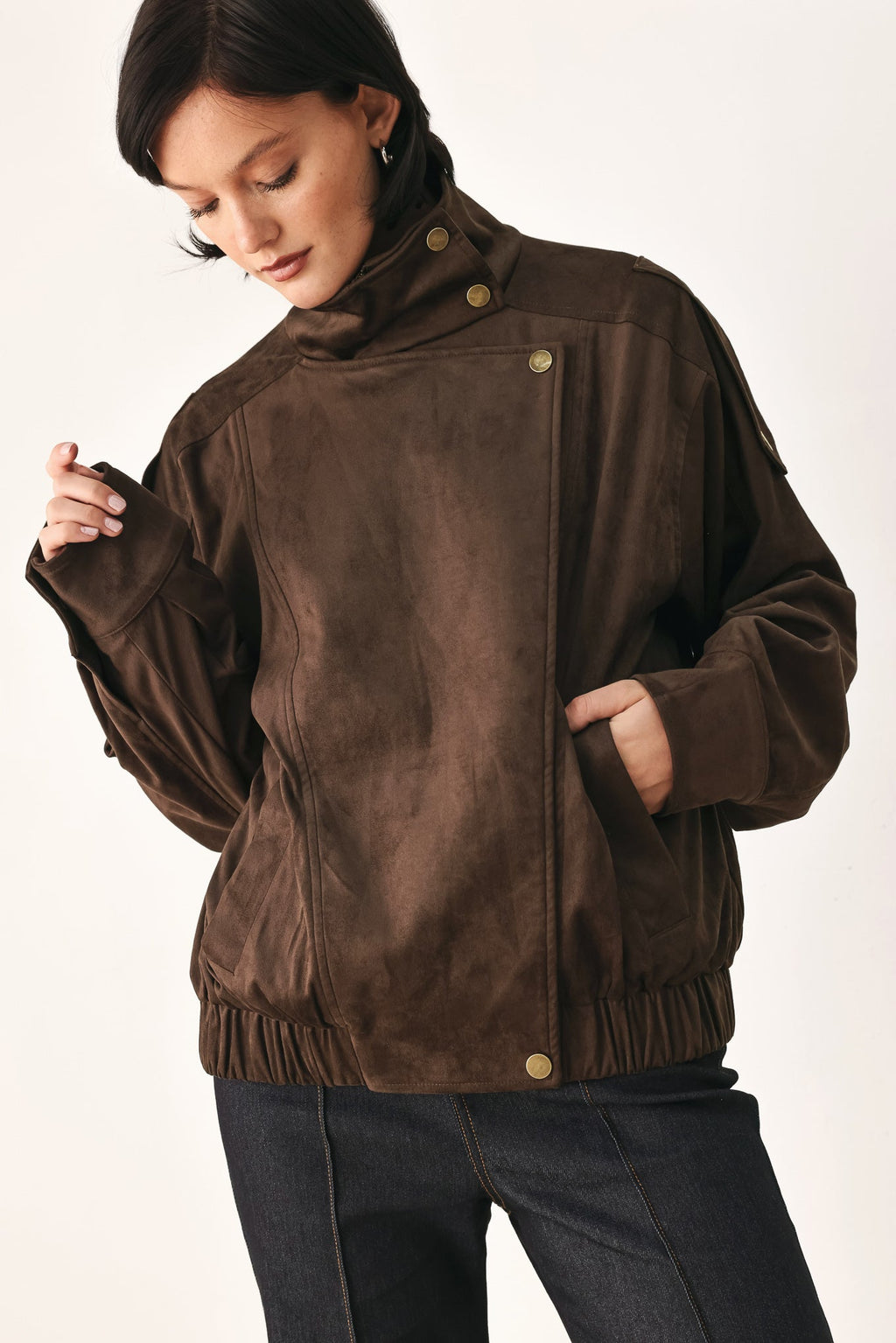 Faux Leather Wrap Front Bomber Jacket in dark brown, front view