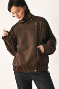 Faux Leather Wrap Front Bomber Jacket in dark brown, front view