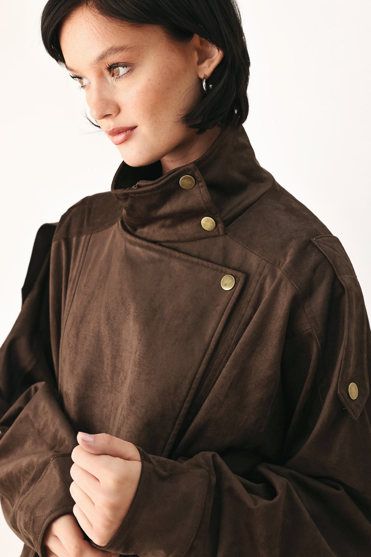 Faux Leather Wrap Front Bomber Jacket in dark brown, detail view