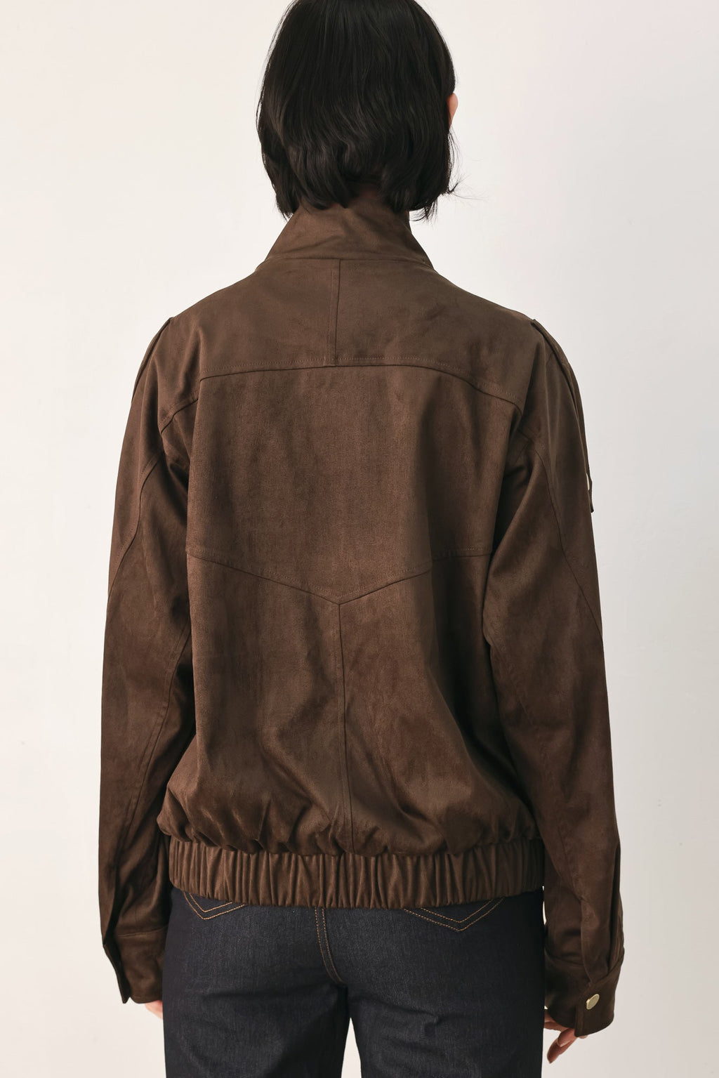Faux Leather Wrap Front Bomber Jacket in dark brown, lifestyle view