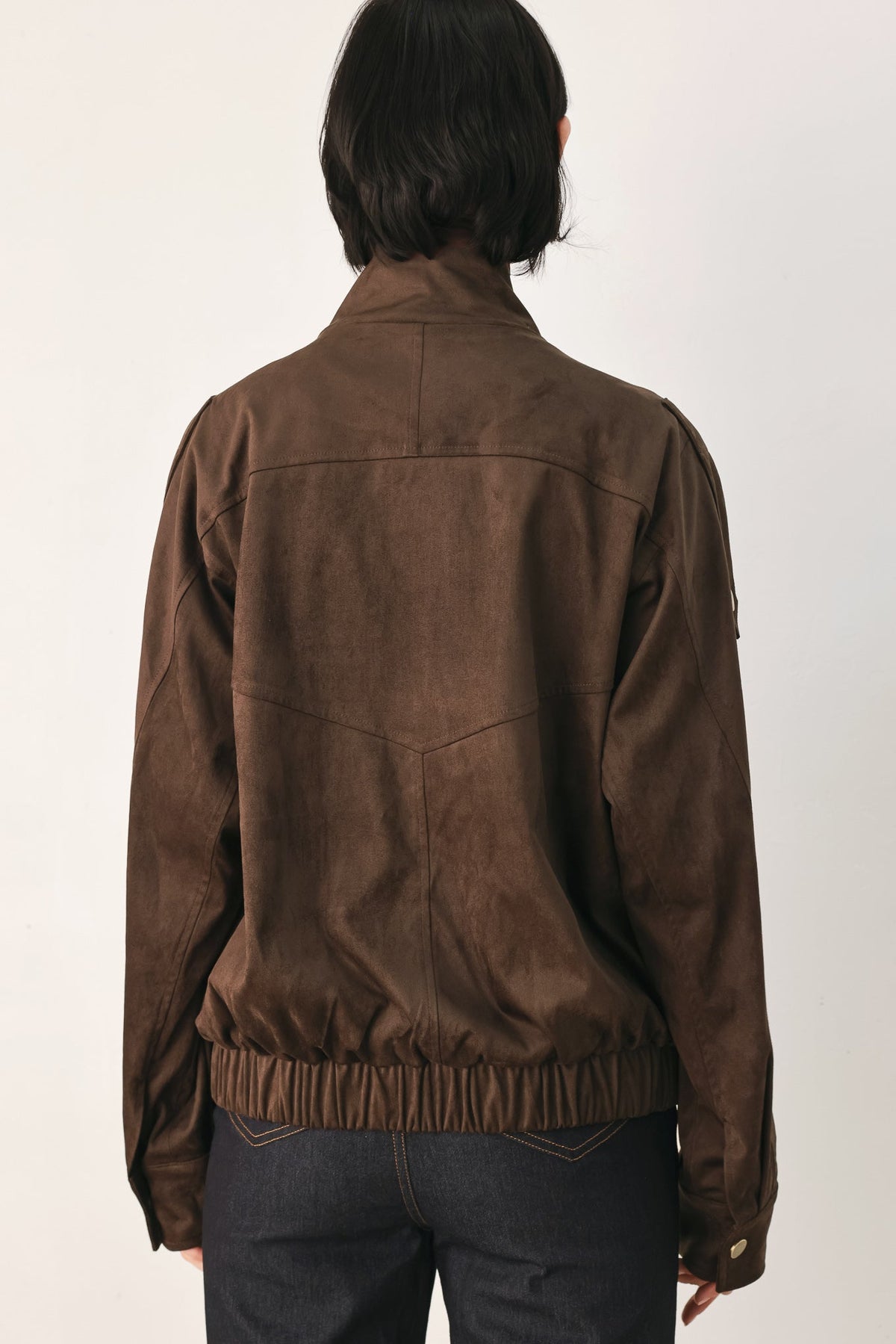 Faux Leather Wrap Front Bomber Jacket in dark brown, lifestyle view