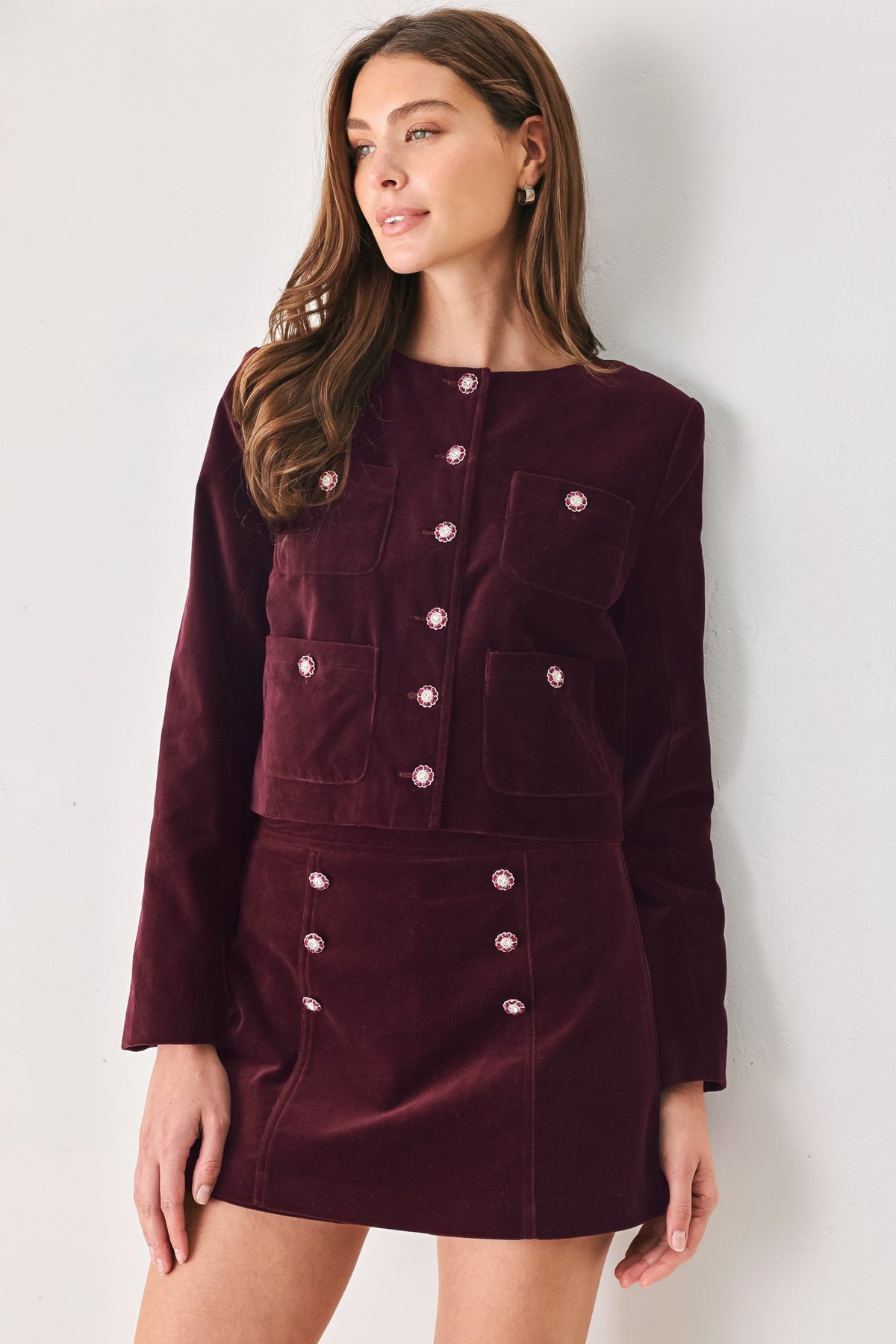Burgundy velvet jewel-button cropped jacket - view 4