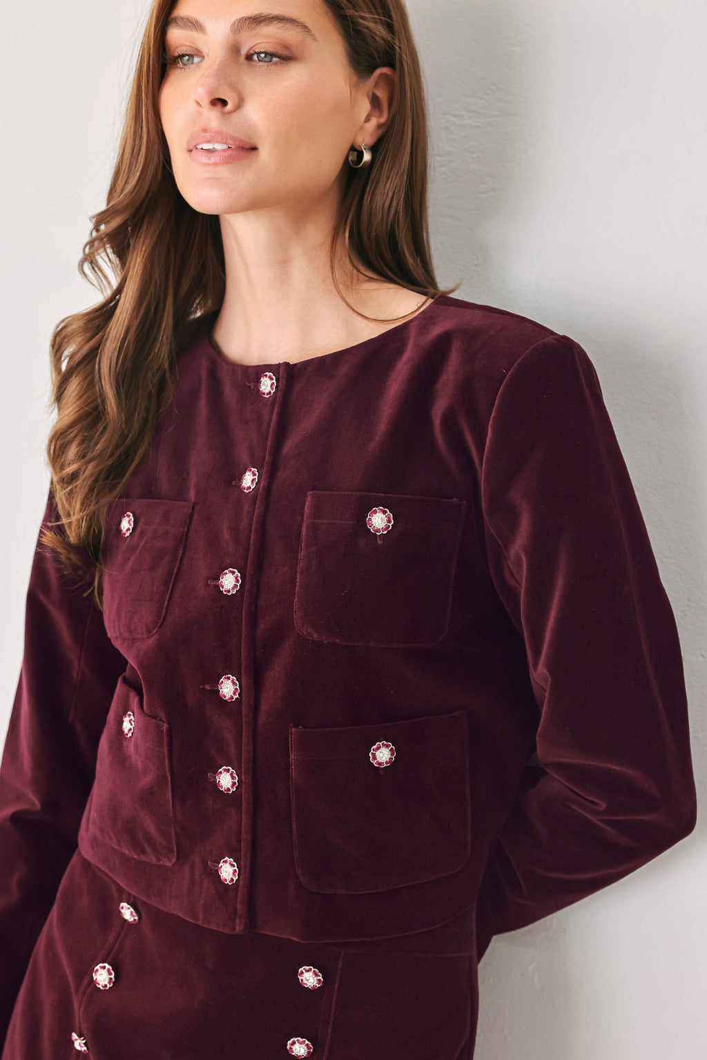 Burgundy velvet jewel-button cropped jacket - view 2