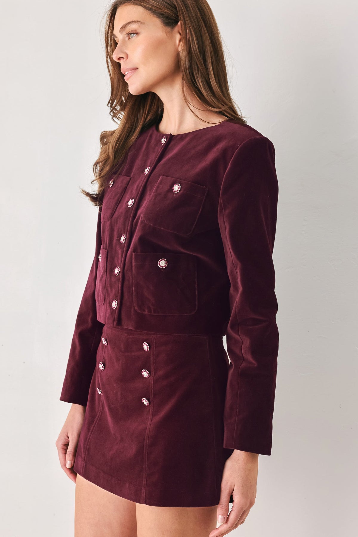 Burgundy velvet jewel-button cropped jacket - view 5