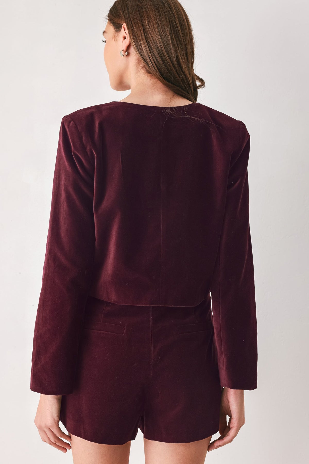 Burgundy velvet jewel-button cropped jacket - view 6