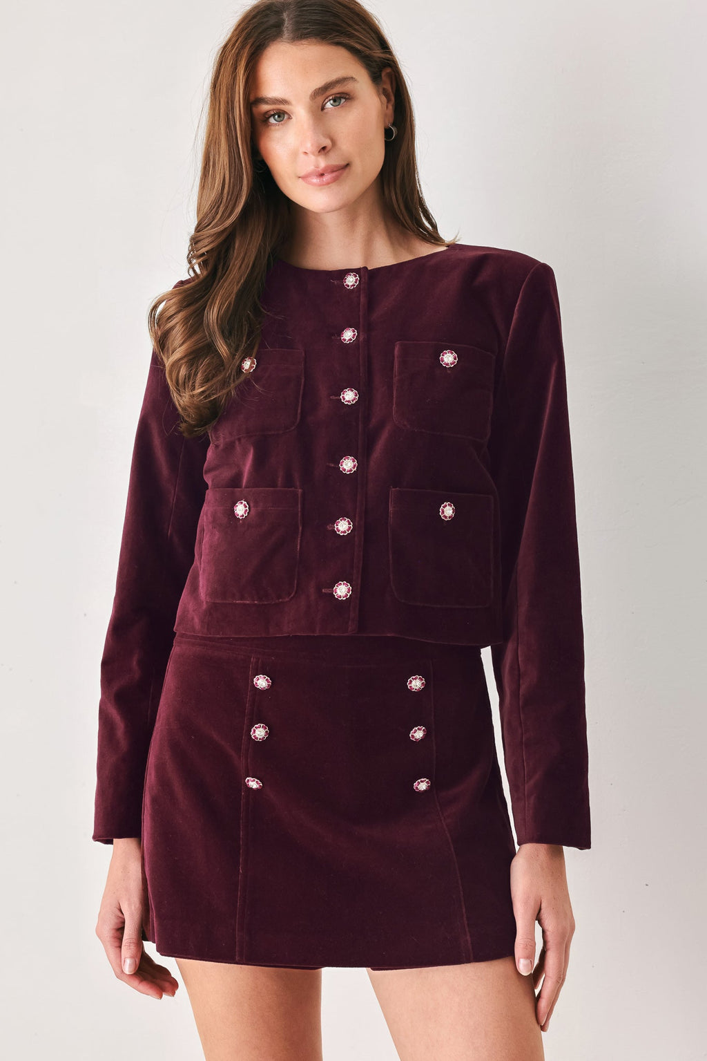Burgundy velvet jewel-button cropped jacket - view 1