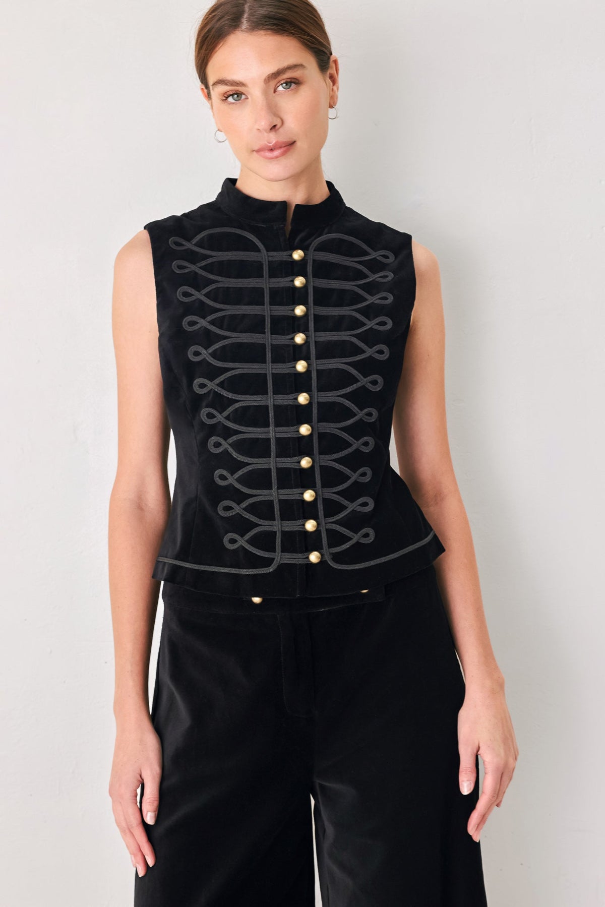 Black velvet military vest with mandarin collar - view 1