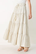 Hamptons Weekend Woven Maxi Skirt in Taupe White with stripe print, tiered layers, rope belt, and elastic back waistband shown on model