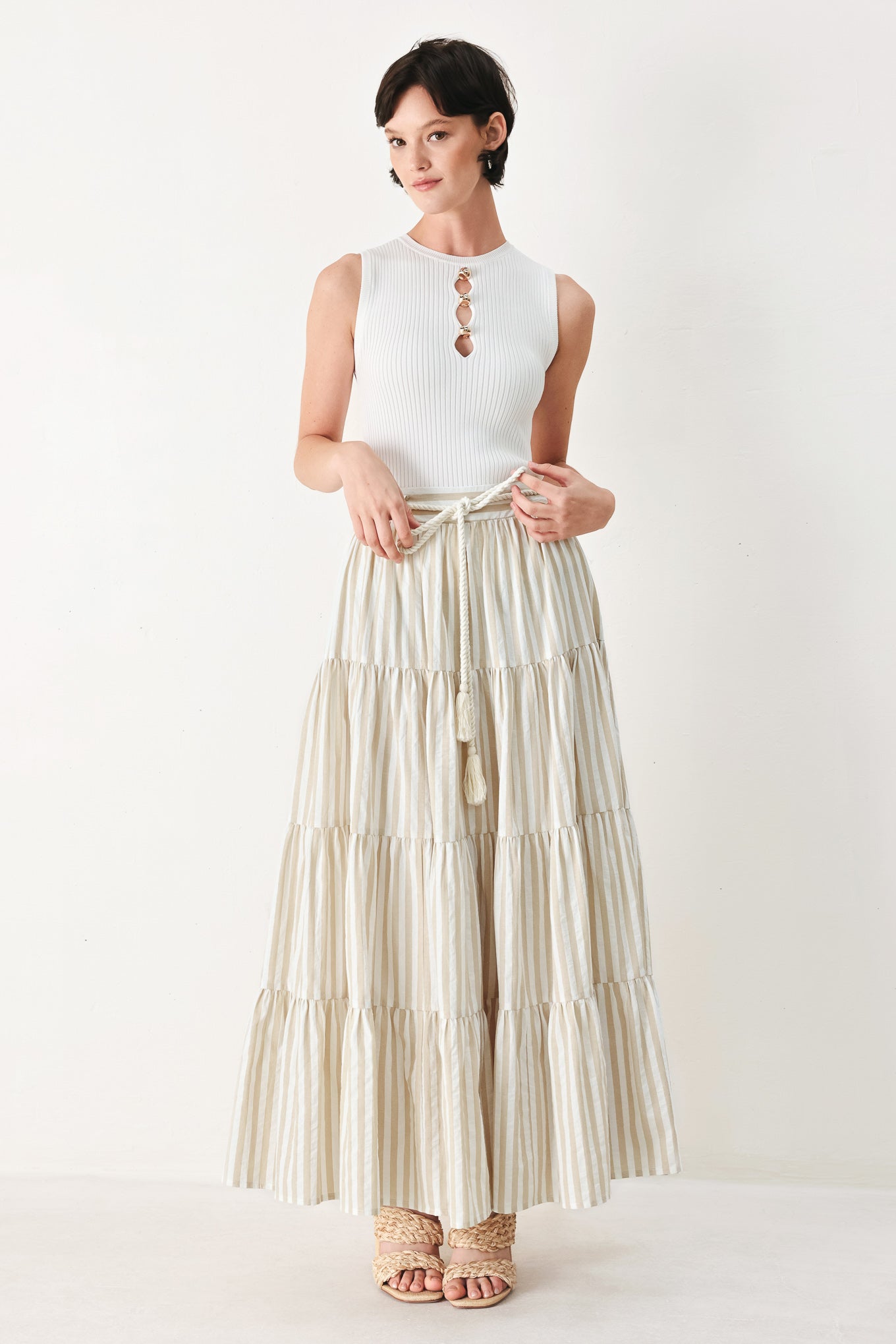 Hamptons Weekend Woven Maxi Skirt in Taupe White with stripe print, tiered layers, rope belt, and elastic back waistband shown on model