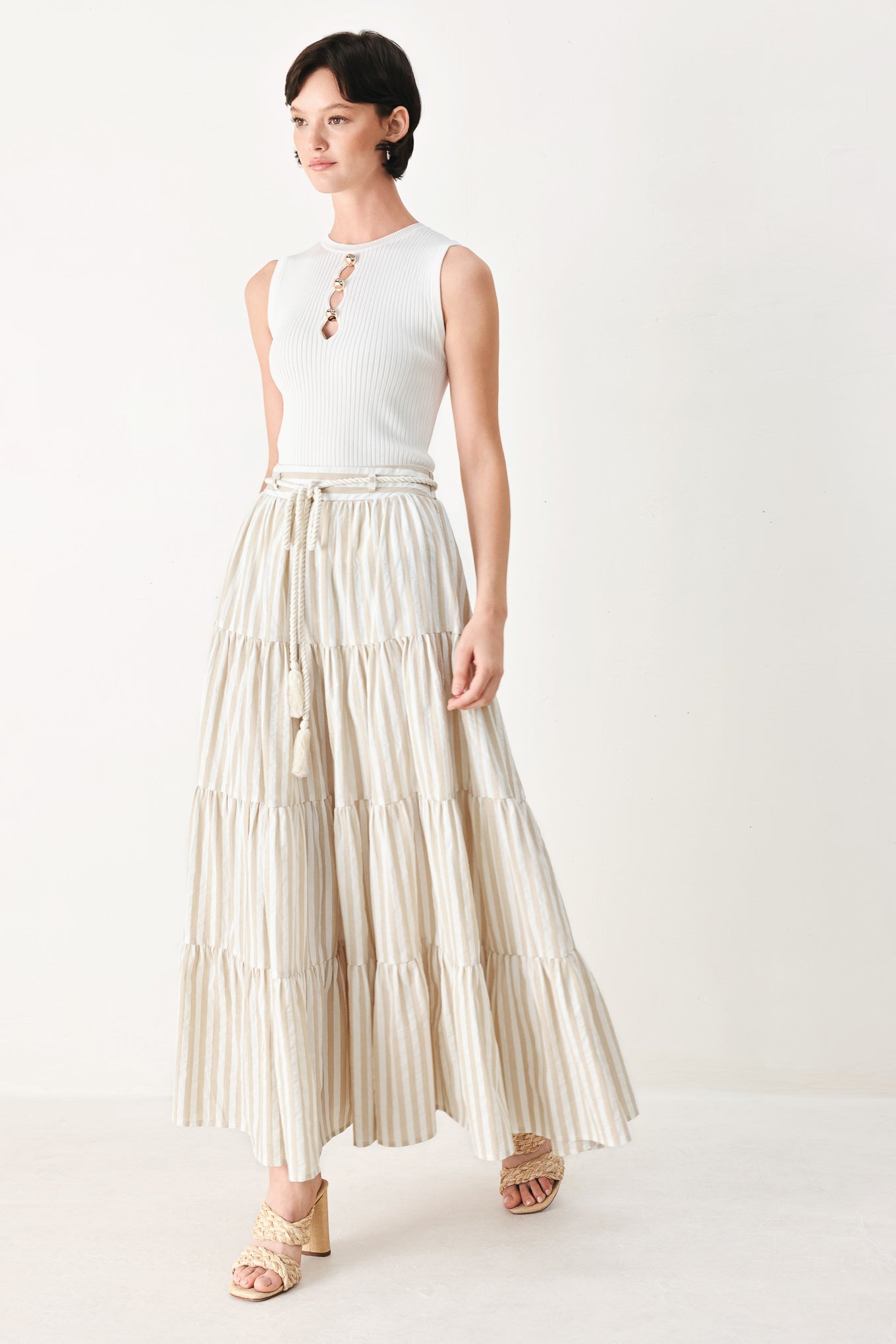 Hamptons Weekend Woven Maxi Skirt in Taupe White with stripe print, tiered layers, rope belt, and elastic back waistband shown on model