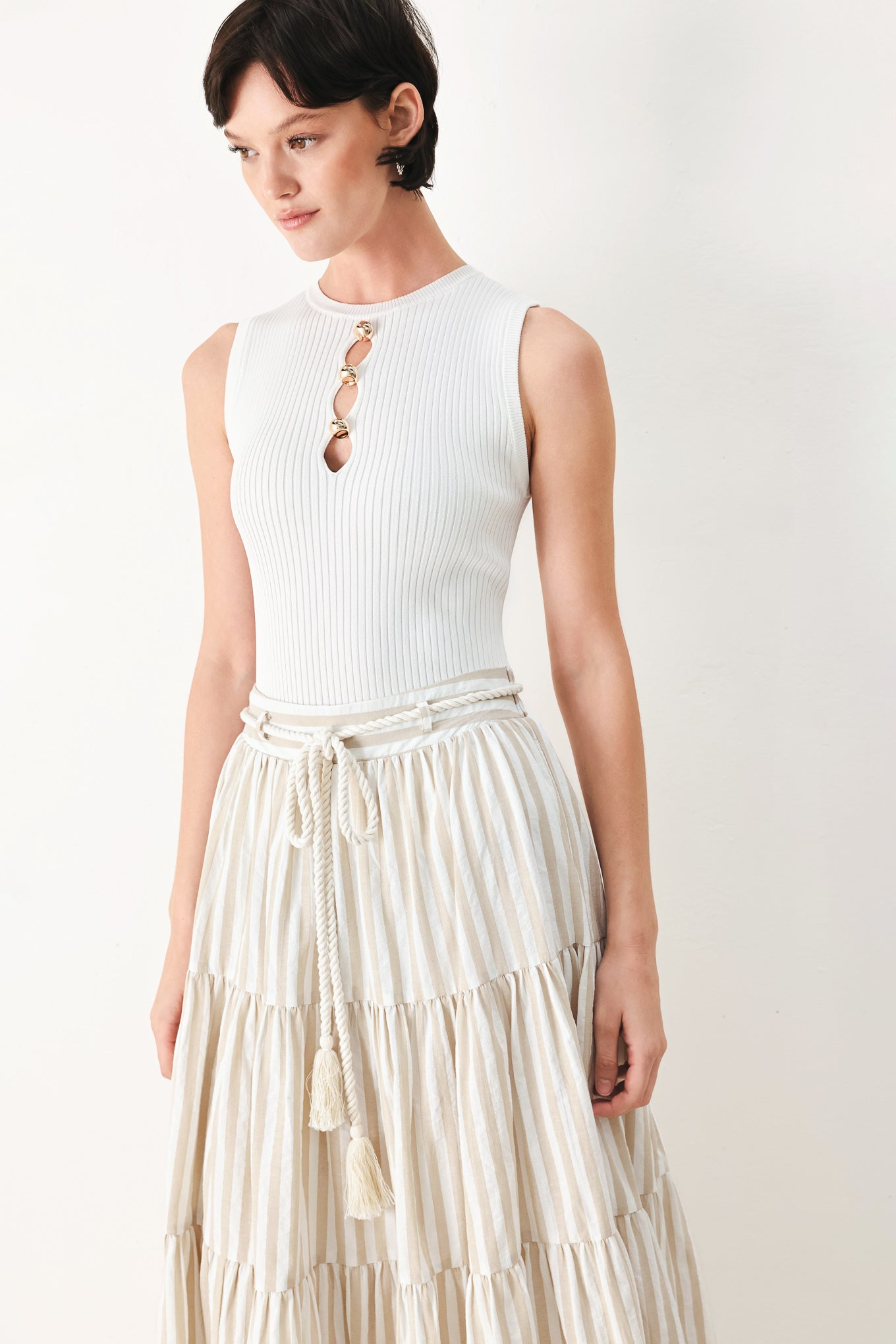 Hamptons Weekend Woven Maxi Skirt in Taupe White with stripe print, tiered layers, rope belt, and elastic back waistband shown on model
