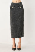 Black stonewashed denim midi pencil skirt