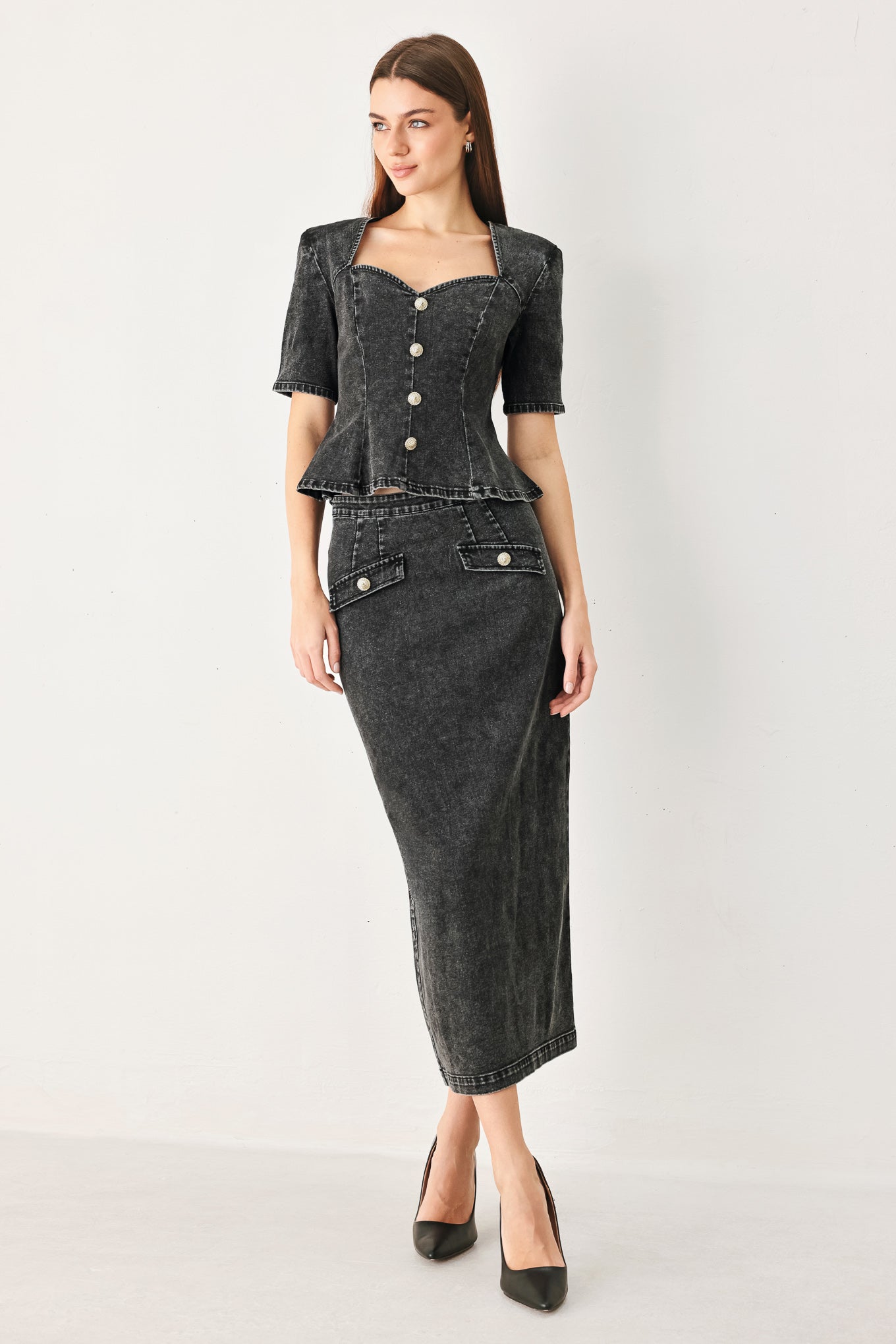 Denim pencil skirt styled look