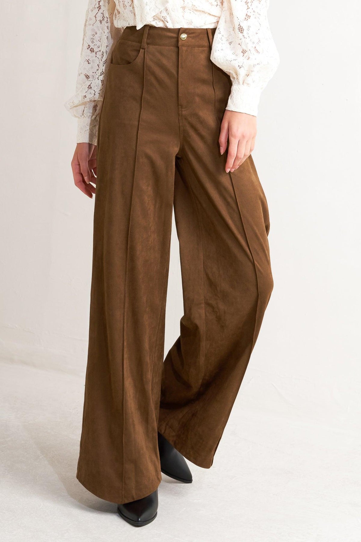 Faux Suede Flare Pants in maroon and brown, side view