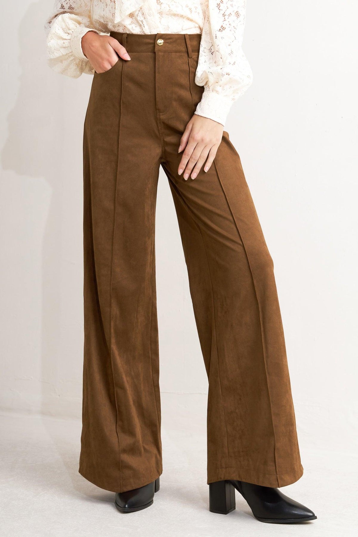Faux Suede Flare Pants in maroon and brown, detail view