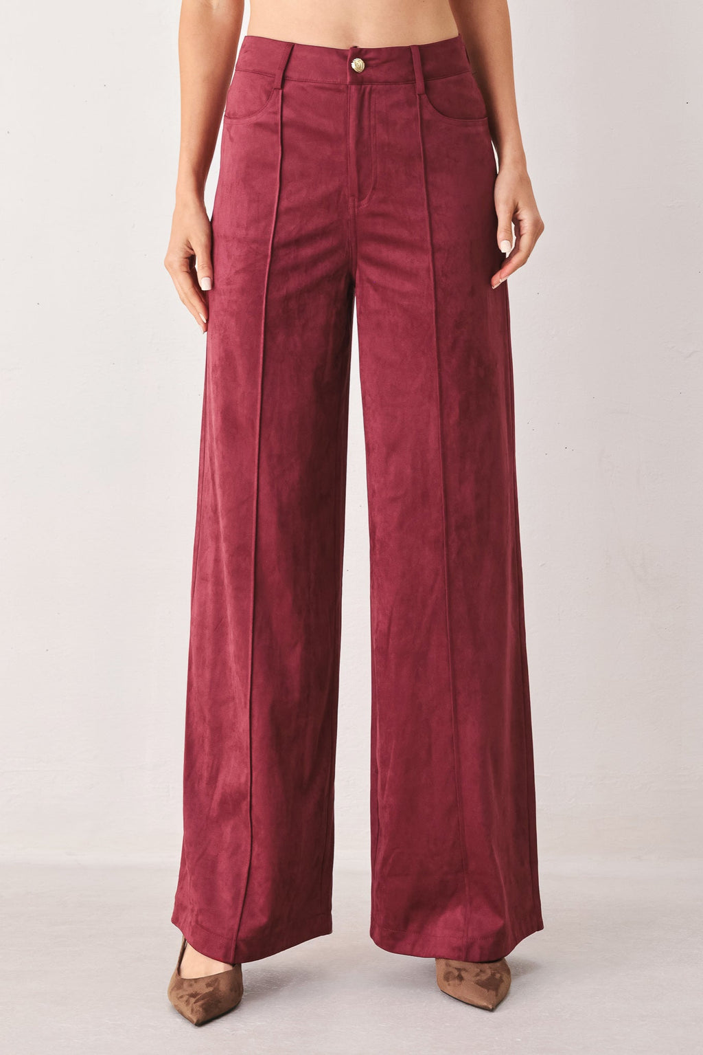 Faux Suede Flare Pants in maroon and brown, front view