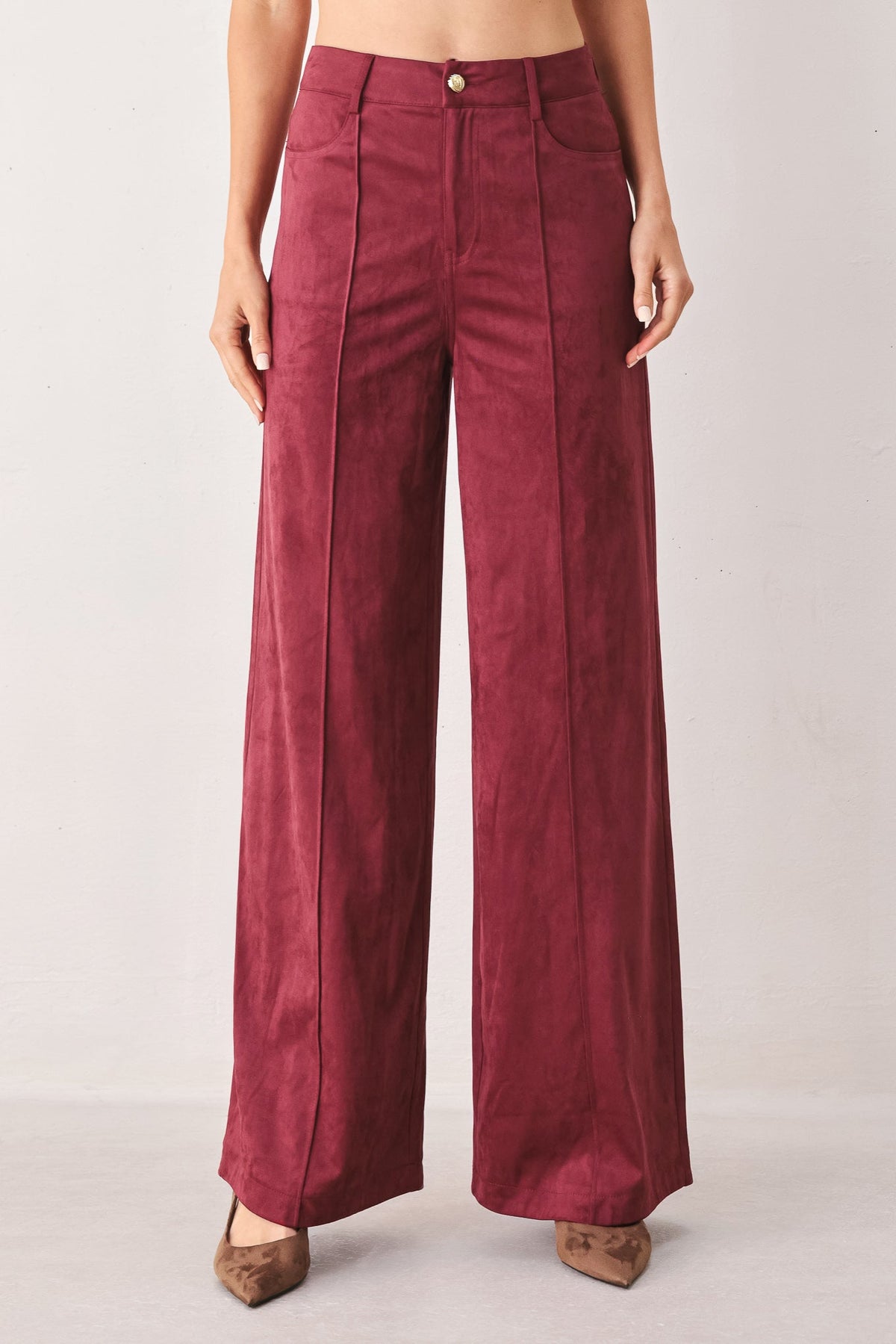 Faux Suede Flare Pants in maroon and brown, front view