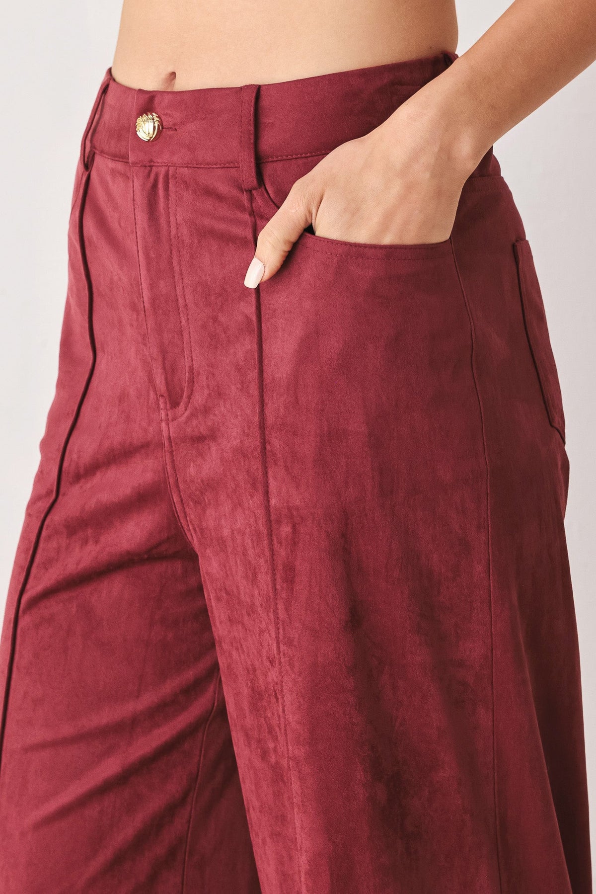 Faux Suede Flare Pants in maroon and brown, additional view 2