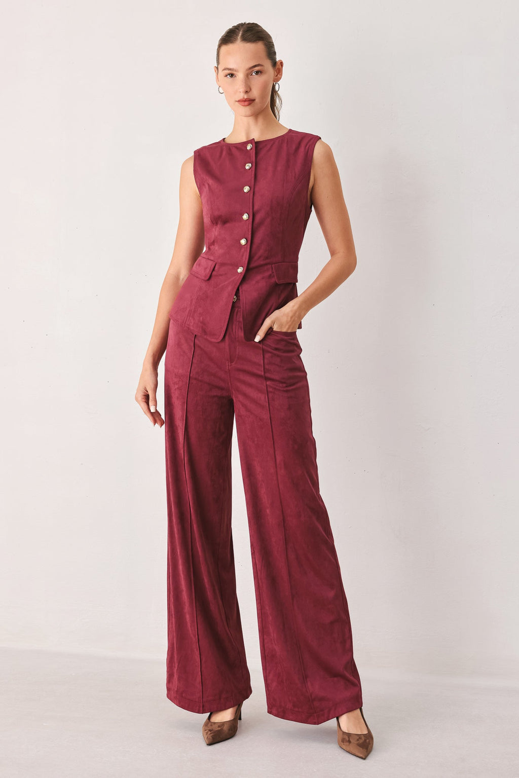 Faux Suede Flare Pants in maroon and brown, alternate view