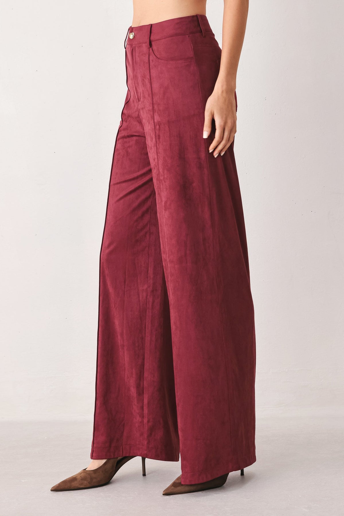 Faux Suede Flare Pants in maroon and brown, additional view 1