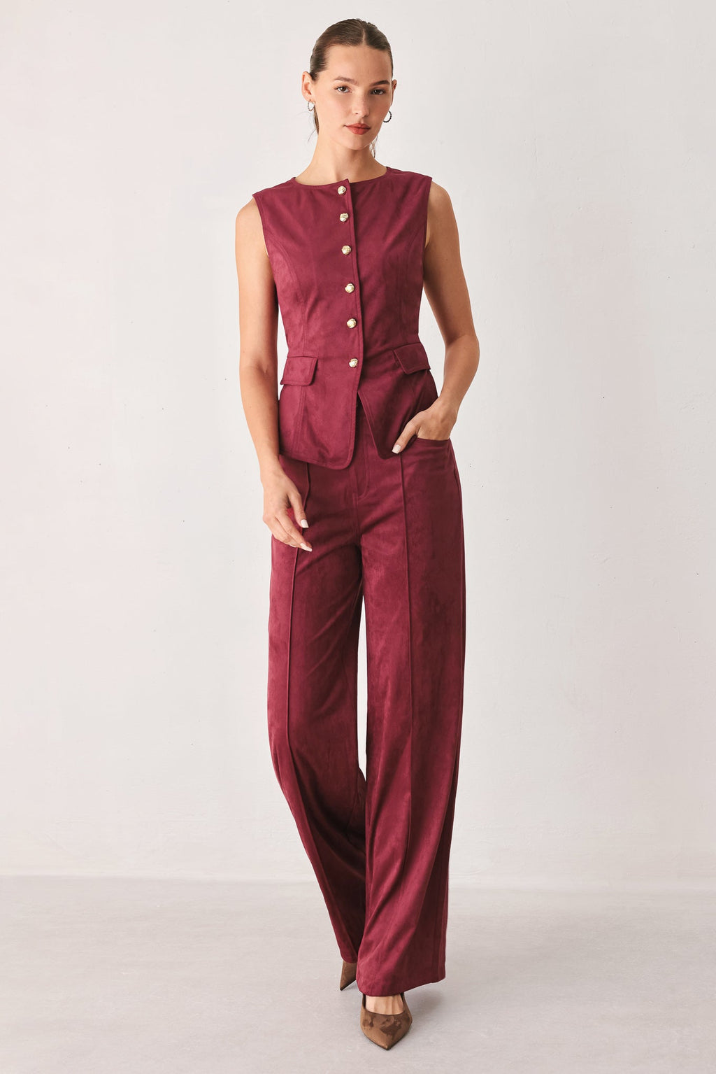 Faux Suede Flare Pants in maroon and brown, additional view 4