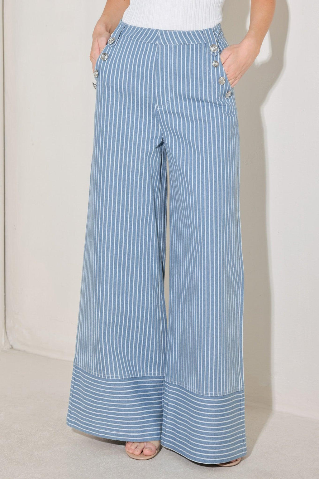 Pinstripe Prestige Woven Pants in Denim White - front view showing wide leg and button pockets