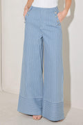Pinstripe Prestige Woven Pants in Denim White - front view showing wide leg and button pockets