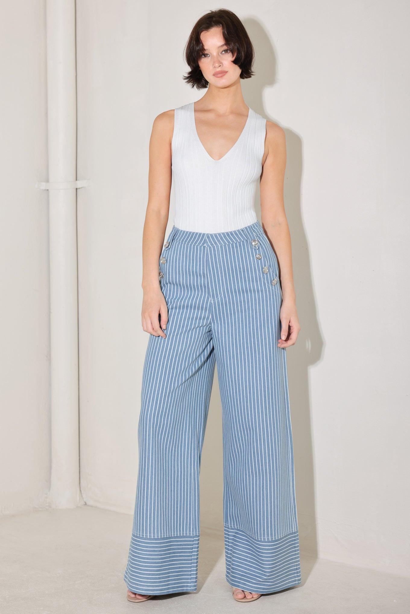 Pinstripe Prestige Woven Pants in Denim White - back view