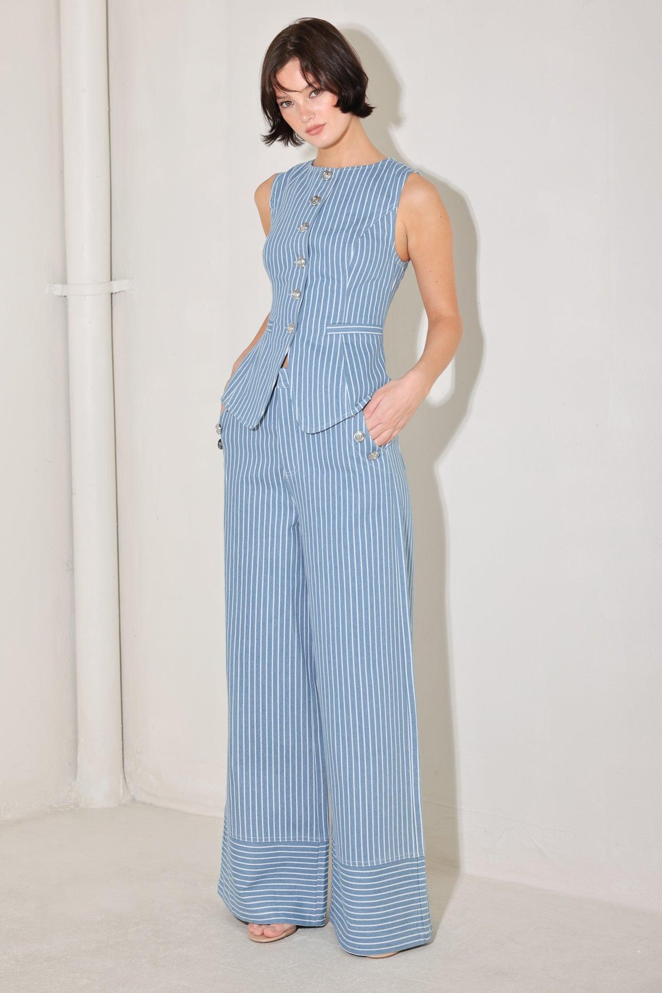 Pinstripe Prestige Woven Pants in Denim White - side view showing wide leg silhouette