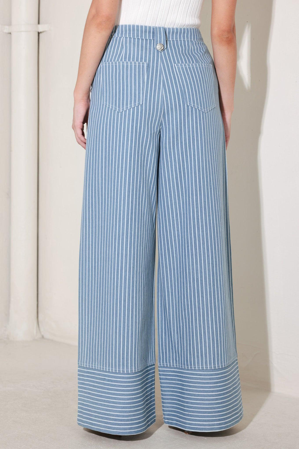 Pinstripe Prestige Woven Pants in Denim White - back full length view