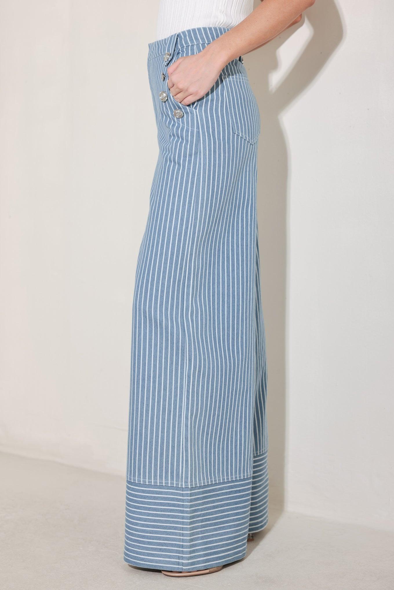 Pinstripe Prestige Woven Pants in Denim White - full length styled view