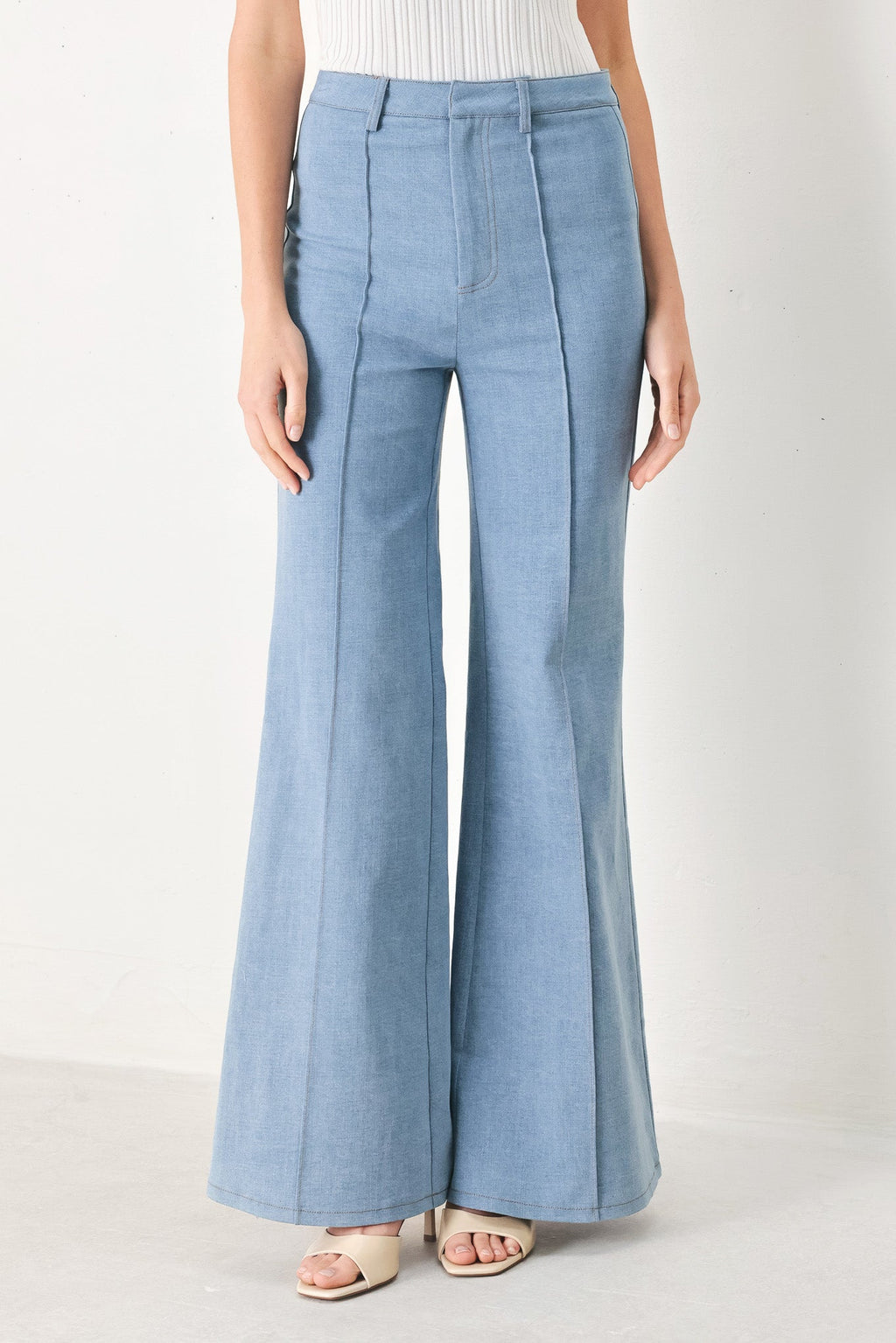 Luna Flare Woven Pants in Light Denim - front view showing bootcut flare leg