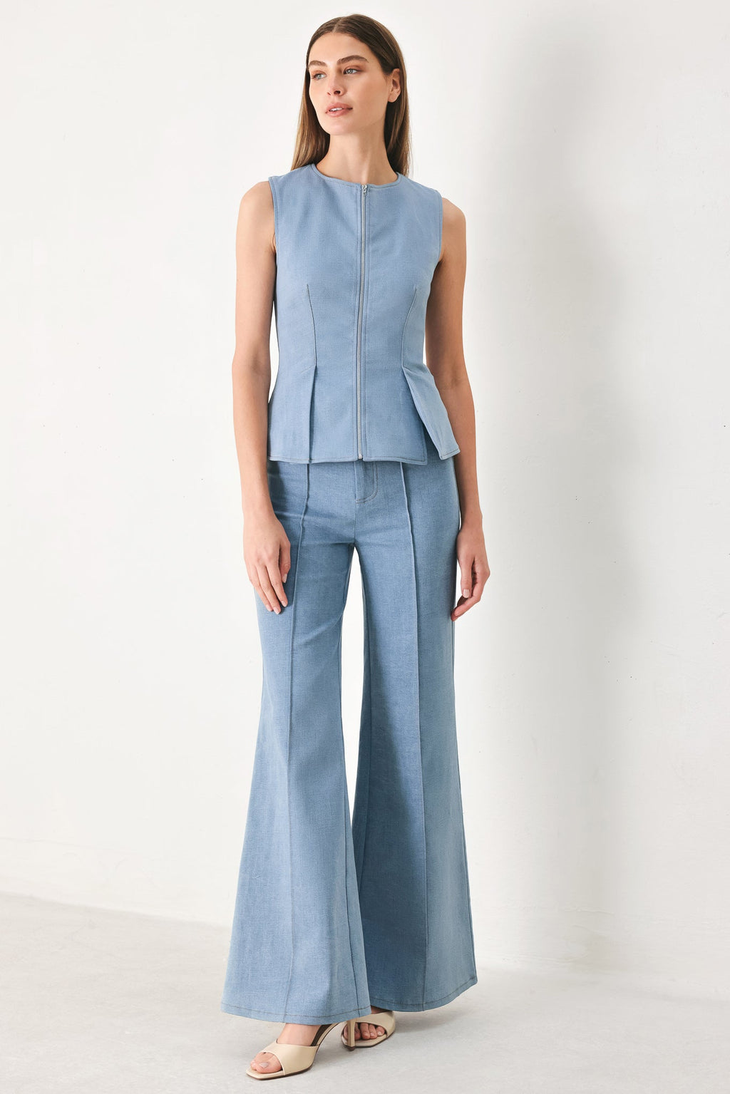 Luna Flare Woven Pants in Light Denim - full length styled view