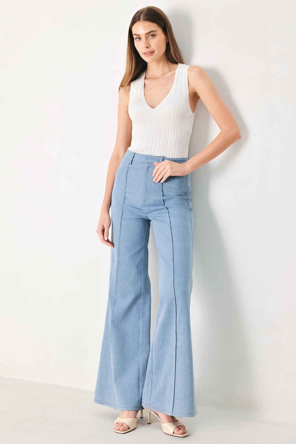 Luna Flare Woven Pants in Light Denim - side view showing flare silhouette