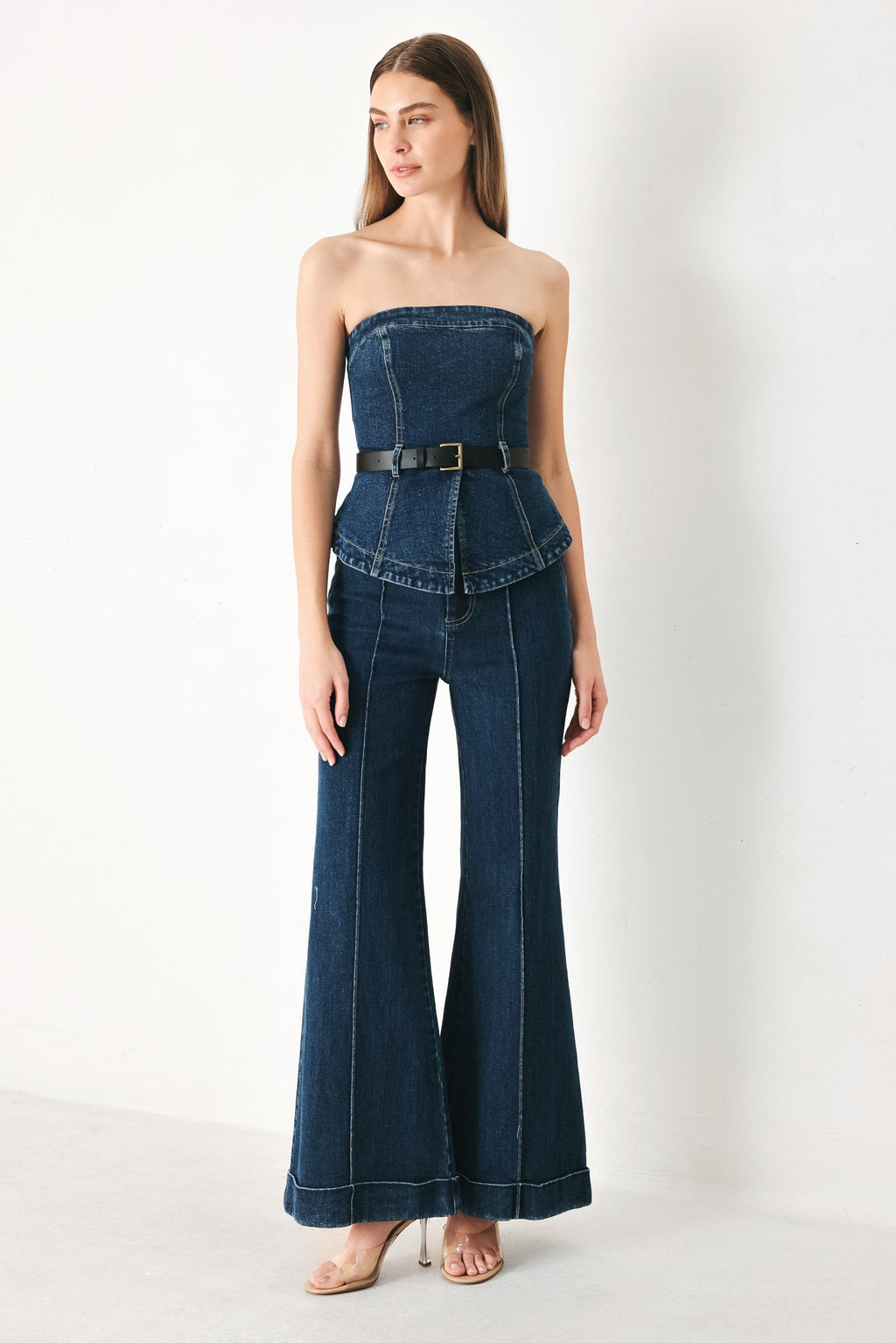 Skyline Flare Denim Pants in Indigo Denim - side view showing cuff detail