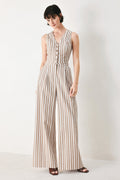 Natural Rhythm Woven Jumpsuit in Taupe White with stripe print, V-neckline, sleeveless cut, front button closure, and wide leg shown on model