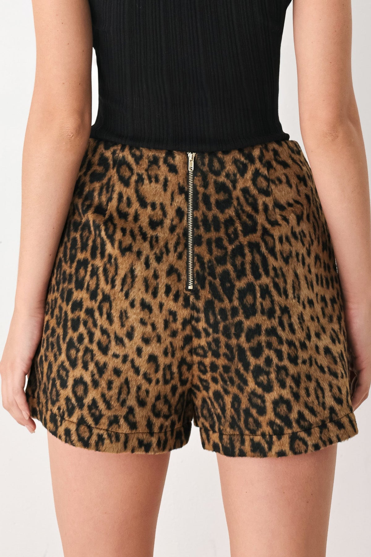 Leopard Wool Blend Mini Skort in brown and black leopard, close-up detail