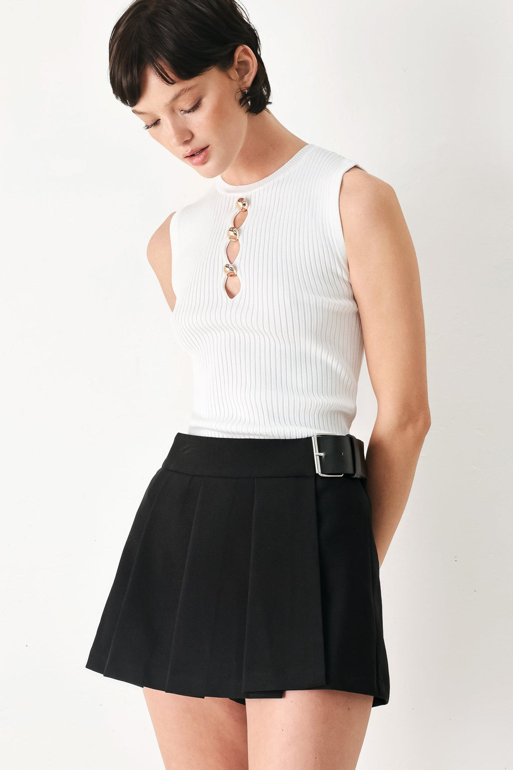 Noir Flirt Denim Skort - pleated flap front skort, view 7