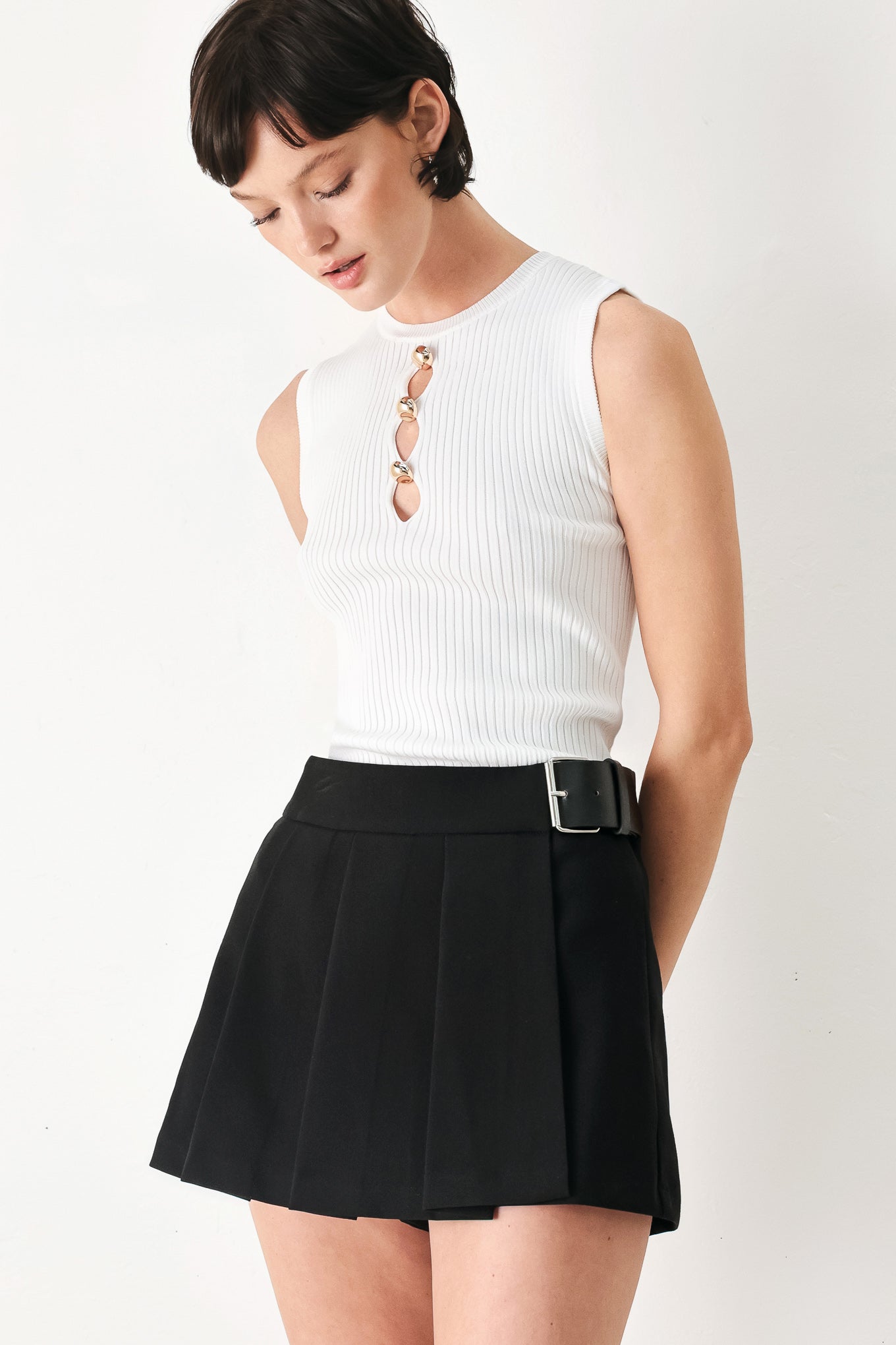 Noir Flirt Denim Skort - pleated flap front skort, view 7