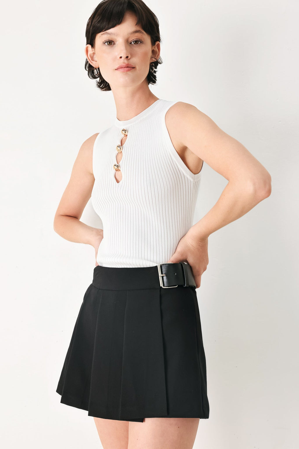 Noir Flirt Denim Skort - pleated flap front skort, view 6