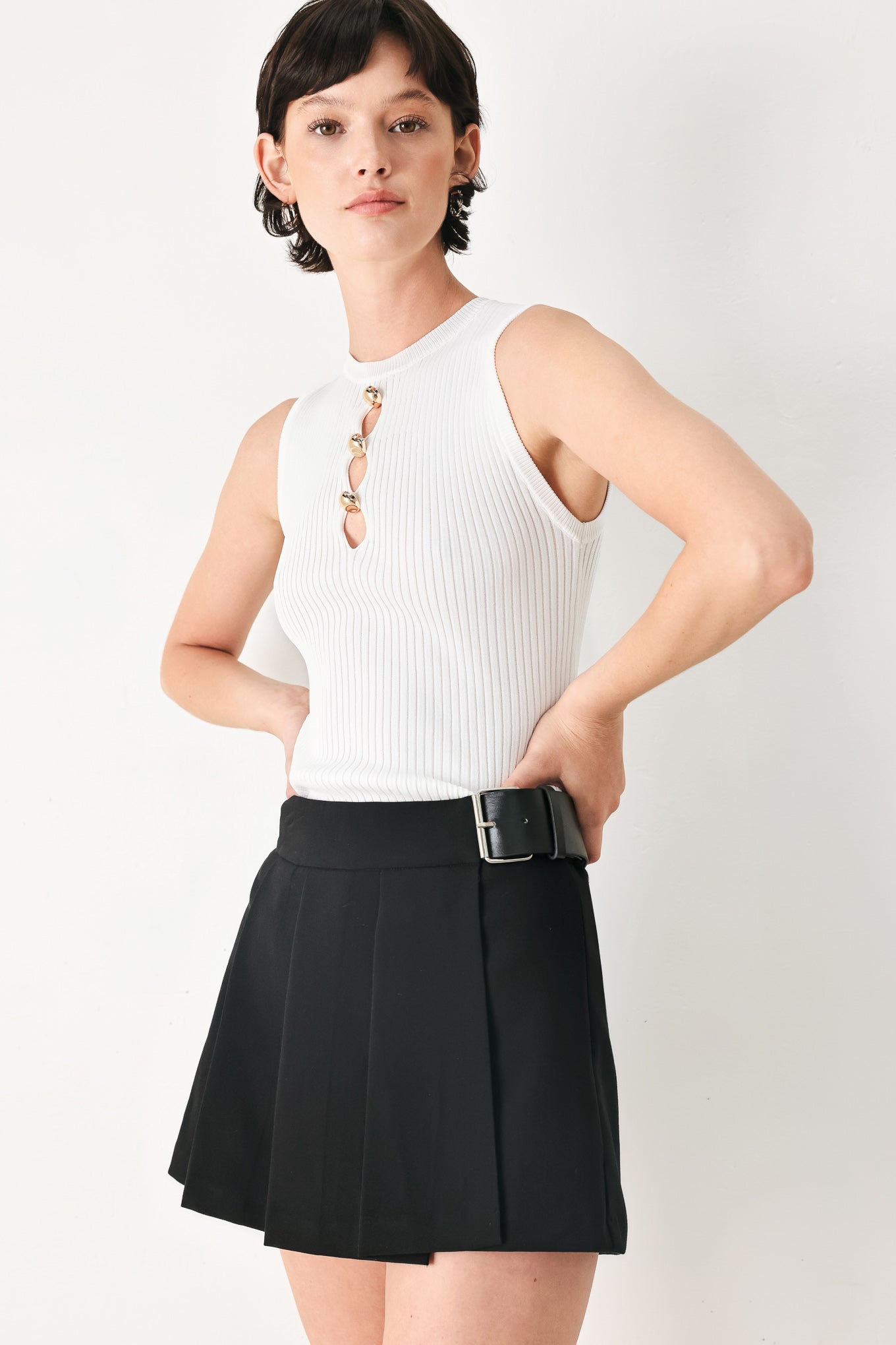 Noir Flirt Denim Skort - pleated flap front skort, view 6