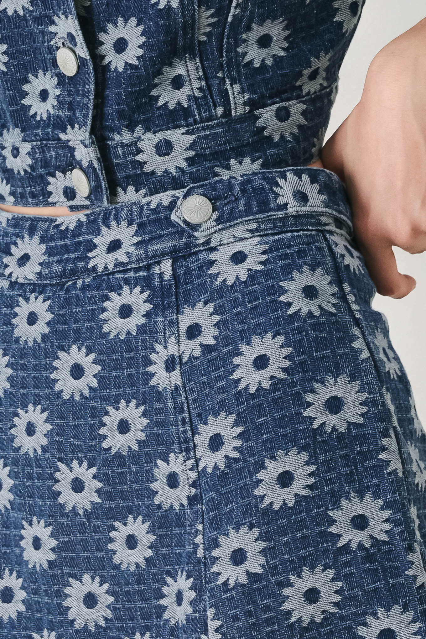 Sweet Daisy Woven Jacquard Denim Skort - styled with matching jacket