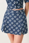 Sweet Daisy Woven Jacquard Denim Skort in Indigo - front view showing side tab detail