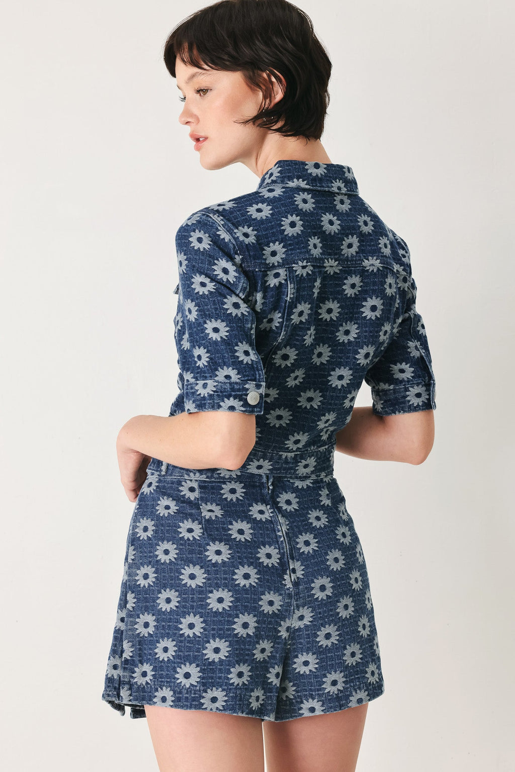 Sweet Daisy Woven Jacquard Denim Skort in Indigo - back view