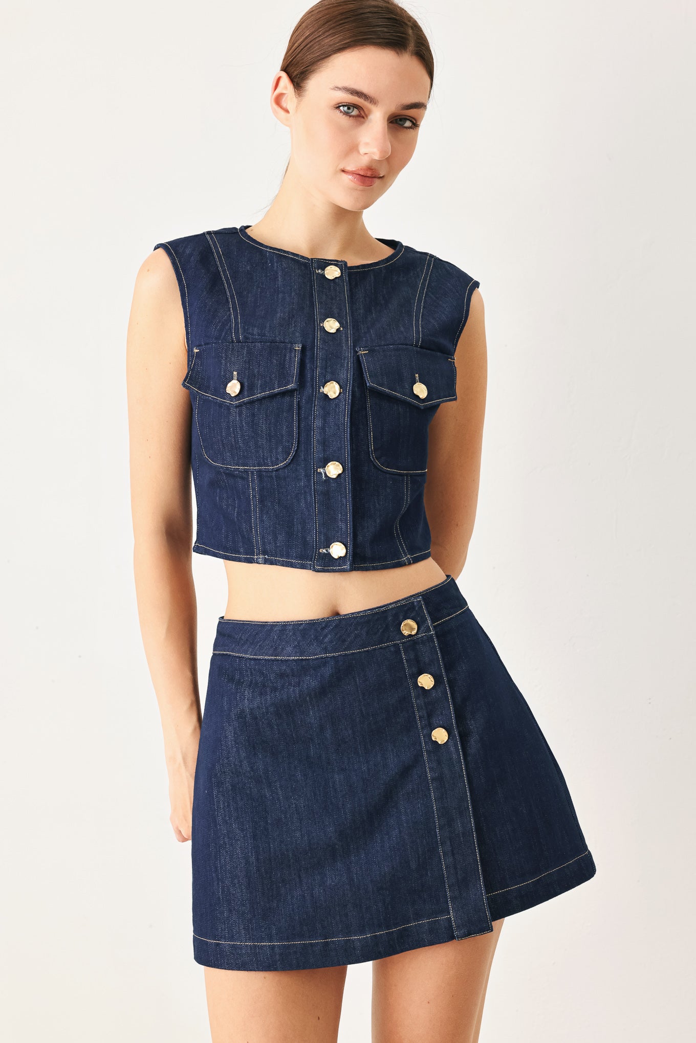 Iconic Indigo Denim Skort styled with matching vest
