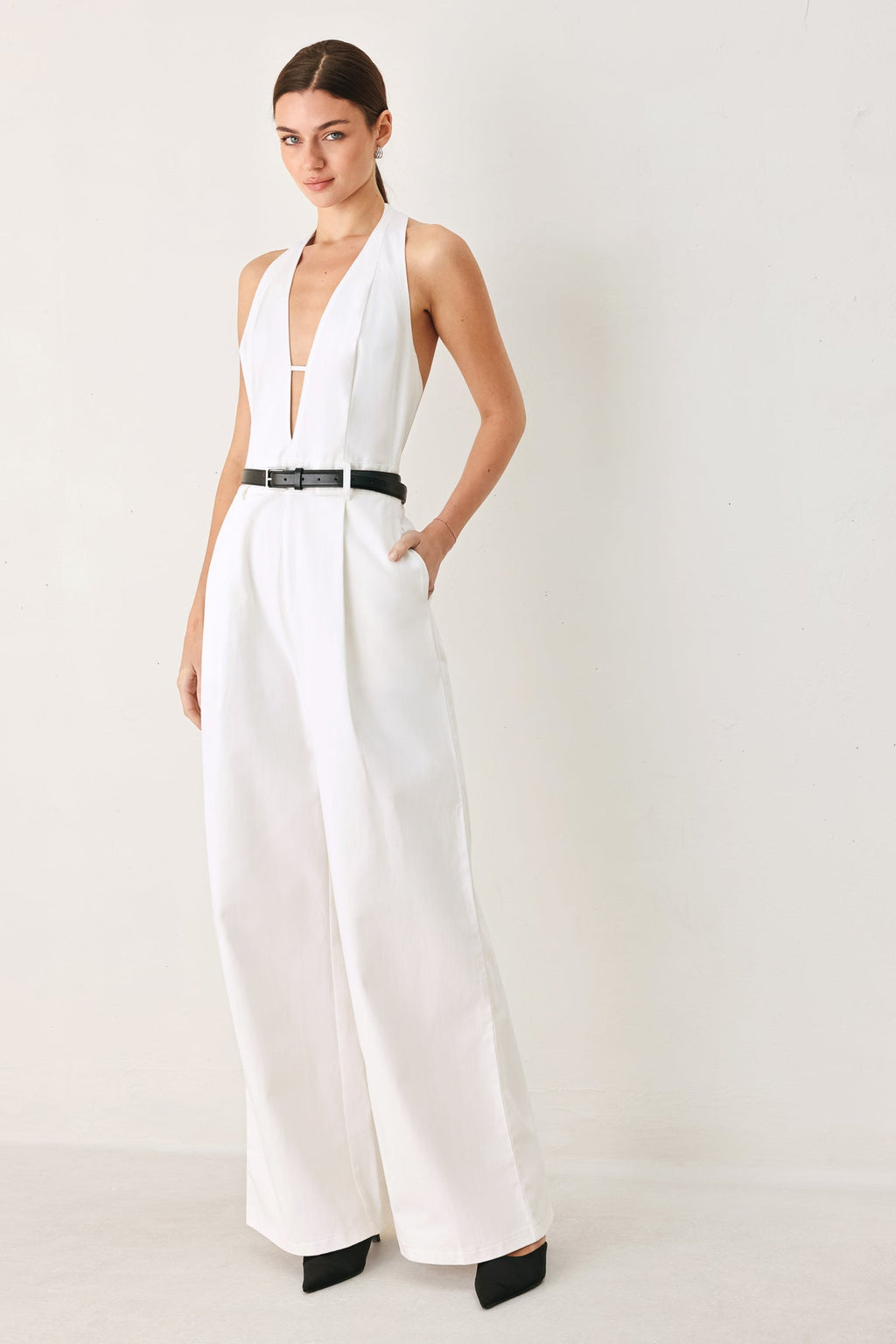 Pretty Moment Halter Woven Jumpsuit - halter wide-leg jumpsuit, view 1