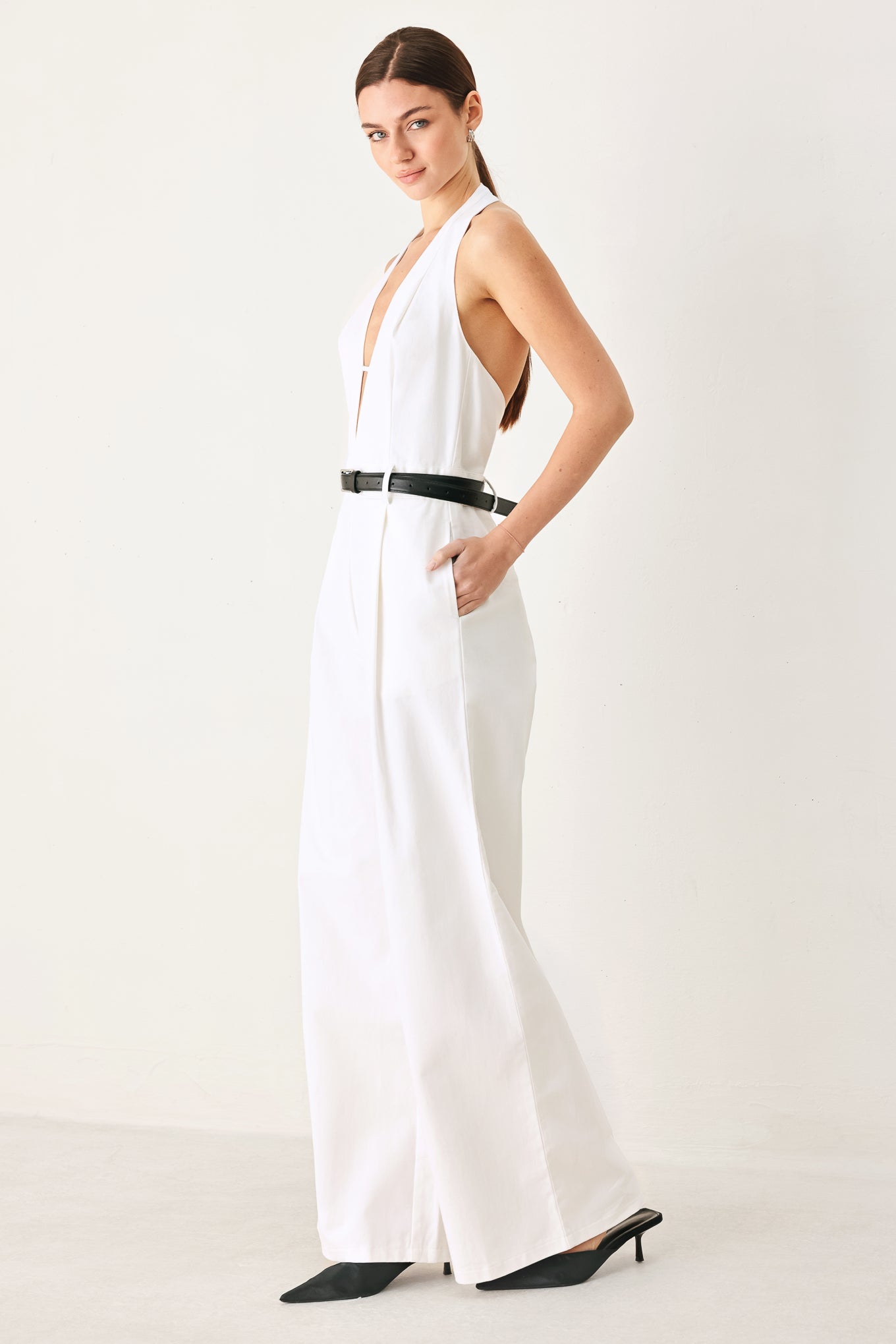 Pretty Moment Halter Woven Jumpsuit - halter wide-leg jumpsuit, view 6