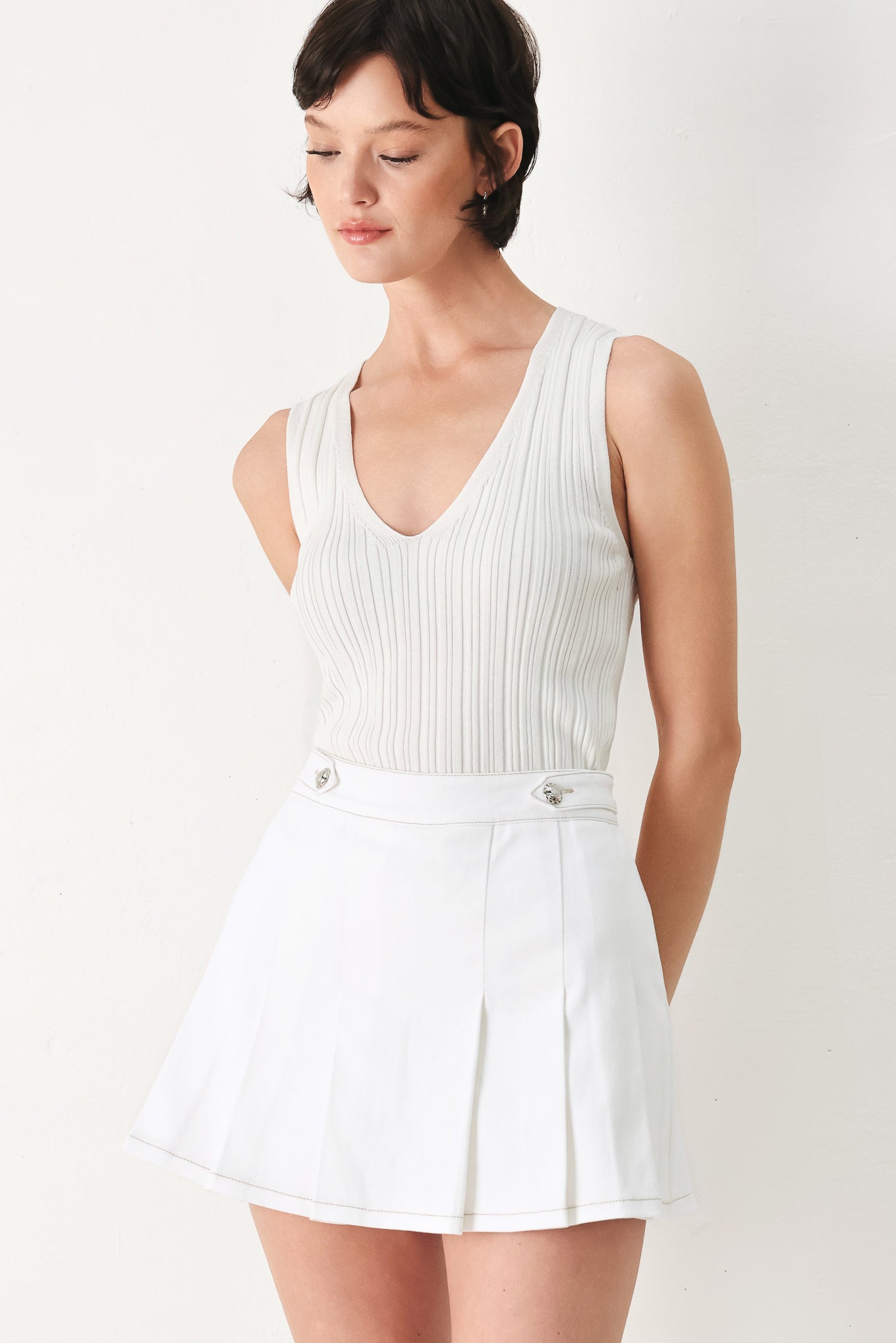 Champagne Club Woven Skort - styled with fitted tank full length view