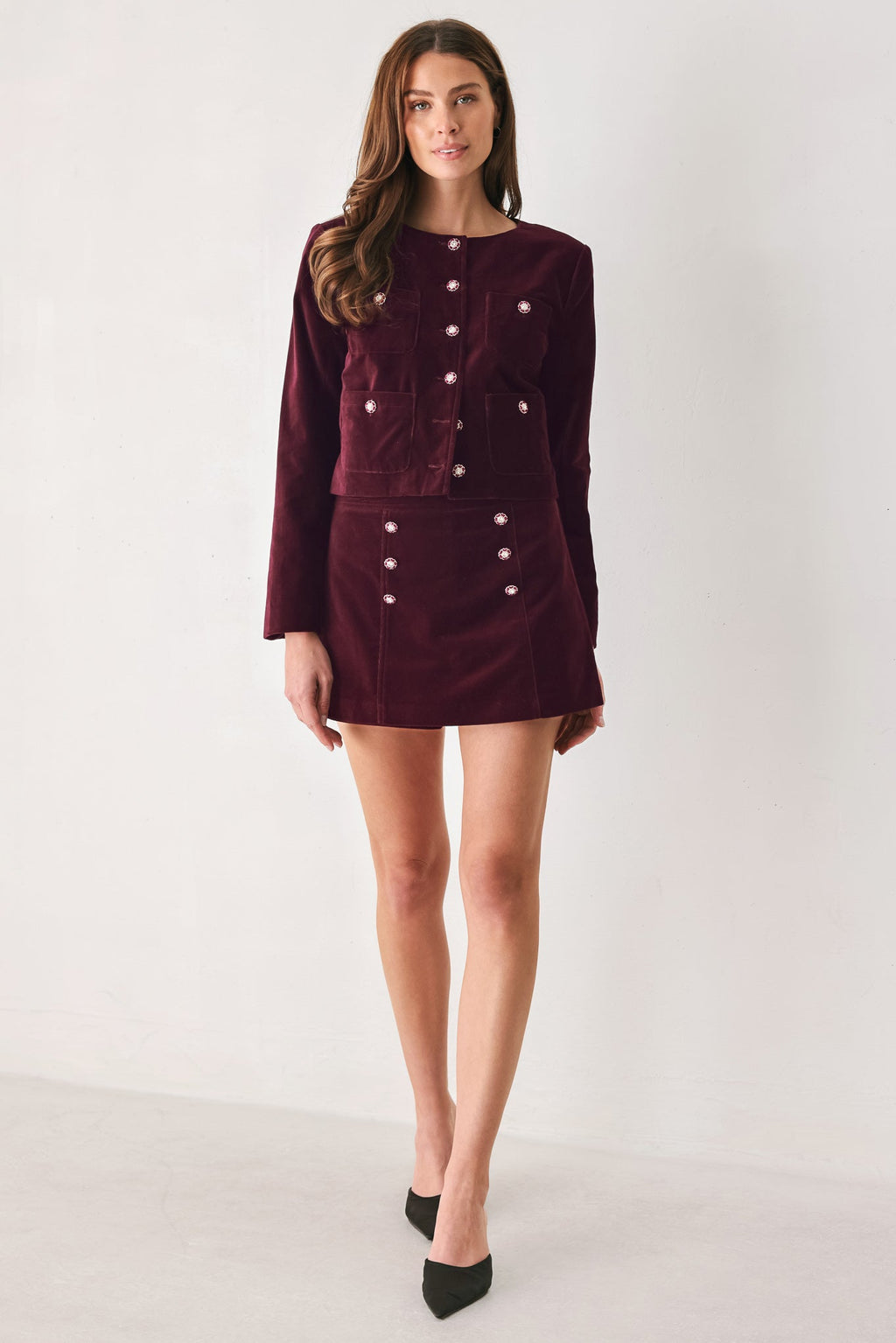 Burgundy velvet button-detail skort - view 4